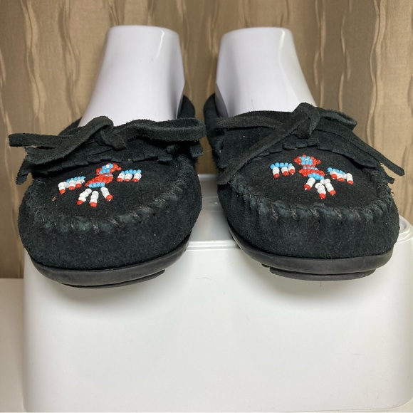 Minnetonka Thunderbird II 600 Women's 7 Suede Moccasin Black Beaded - Picture 6 of 12